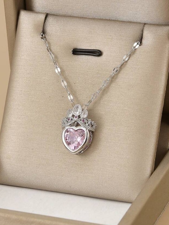 Jewelry - Women’s Silver Stainless Steel Pink Zirconia Adjustable Heart Necklace - NWT